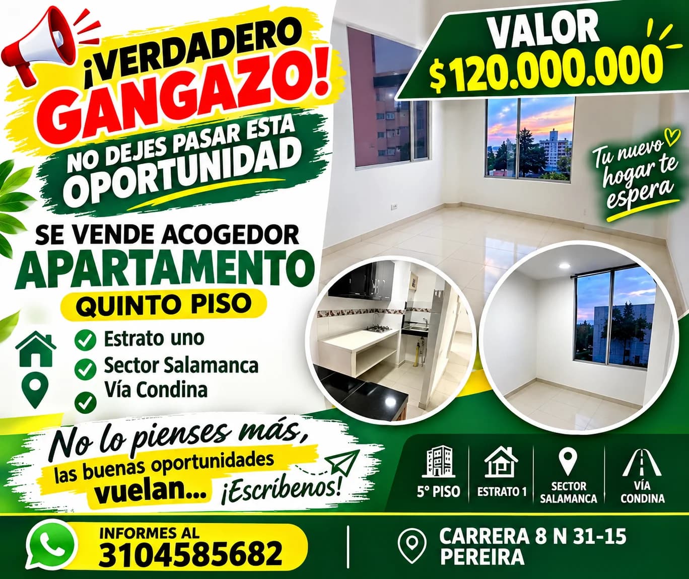 🏡acogedor apartamento, quinto piso, estrato uno, sector salamanca via condina.