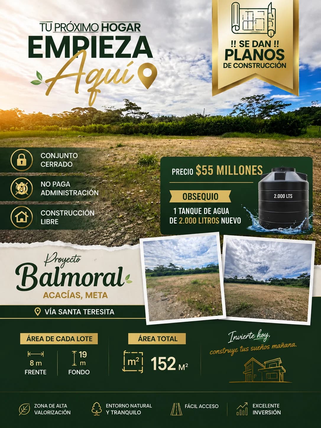 Vendo lote - incluyo planos de construcción y tanque de agua de 2.000 litros nuevo